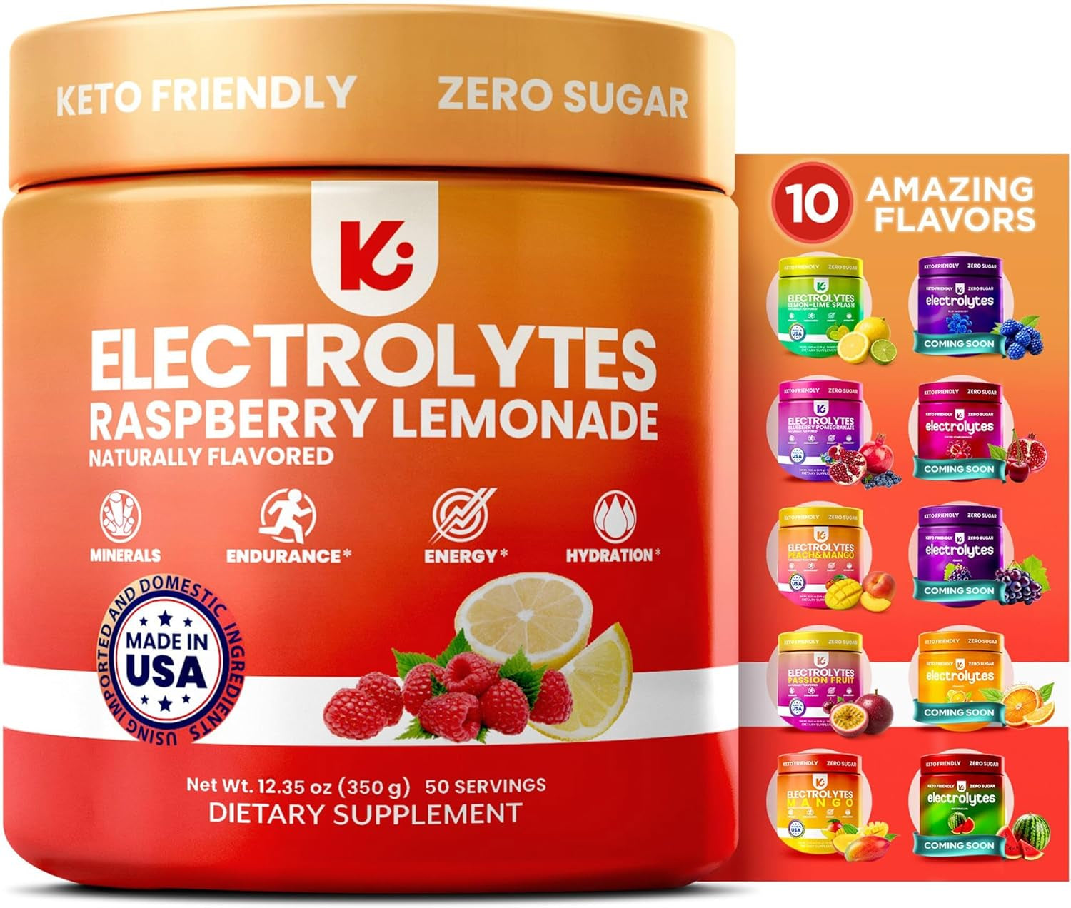Keto Electrolytes Powder No Sugar - Sugar Free Electrolytes - Keto Hydration Electrolytes - Made in USA - Delicious Raspberry Lemonade Flavor - Mixes Easily No Clumps